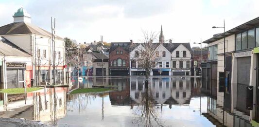 The flooded centre of Downpatrick last November 2023.